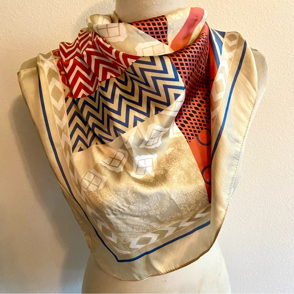 Large square scarf tan rust orange blue feels like silk